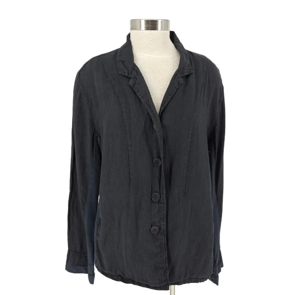 FLAX Jacket Linen Blue Long Sleeve Button Up Lightweight Casual Blazer Medium